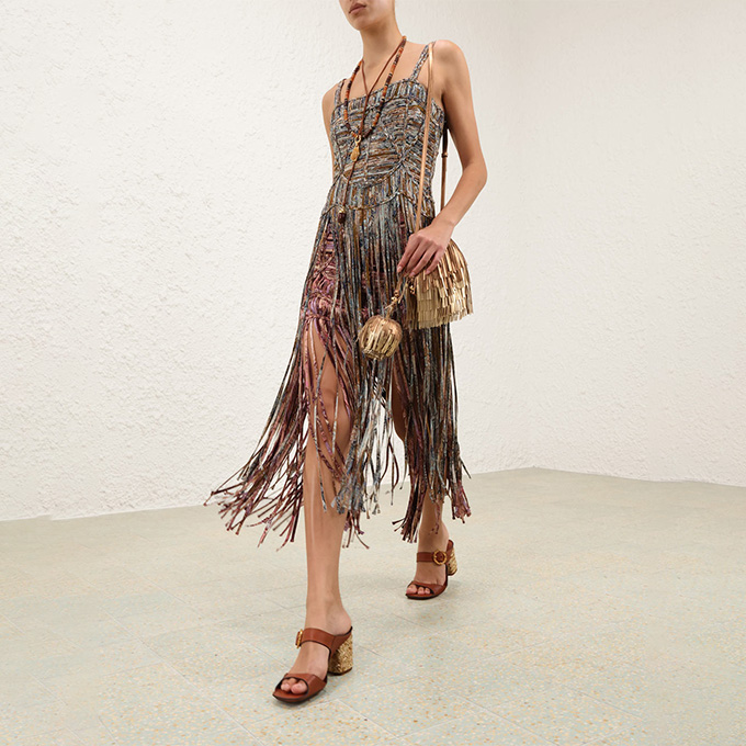 zimmermann sundance macrame fringe midi dress